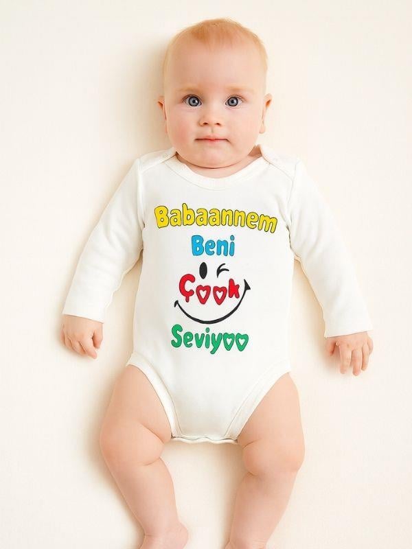 Bebek Babaannem Beni Çok Seviyor Yazılı Pamuklu Uzun Kol Çıtçıtlı Body