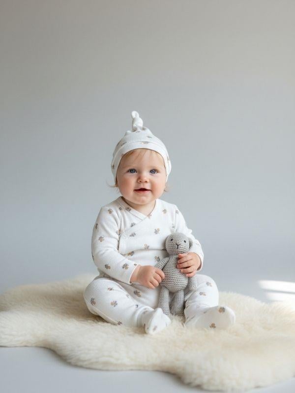 Bebek Desenli Çıtçıtlı Body Patikli Alt ve Şapkalı Üçlü Takım