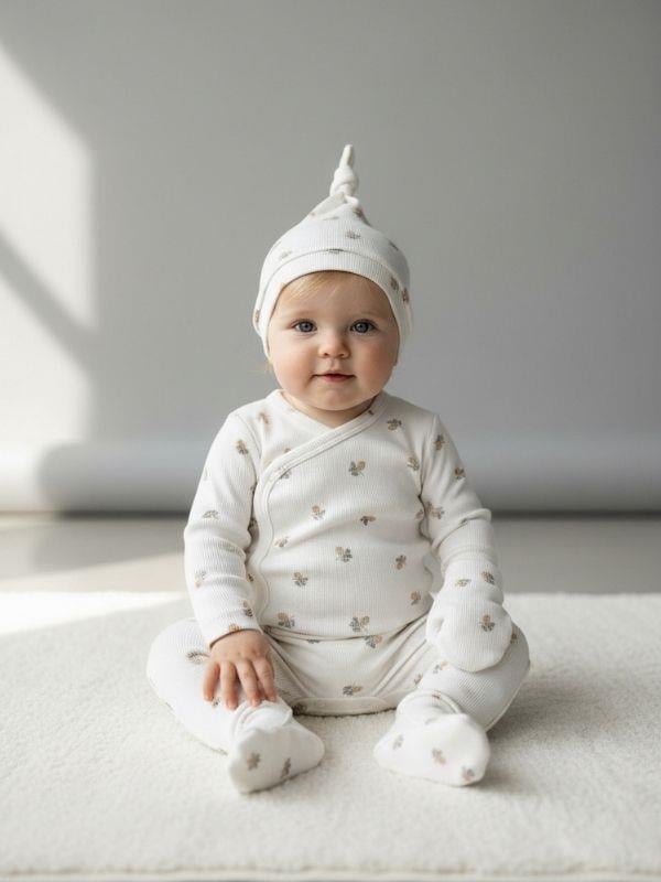 Bebek Desenli Çıtçıtlı Body Patikli Alt ve Şapkalı Üçlü Takım