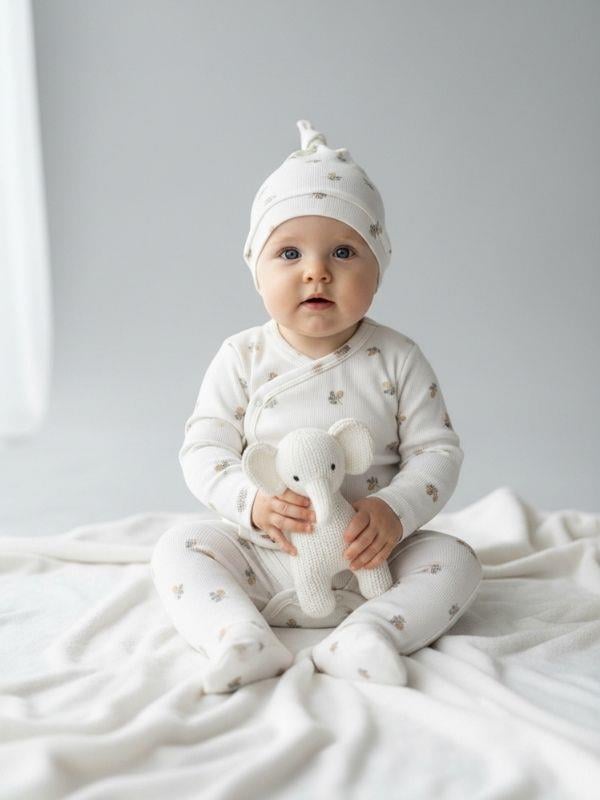 Bebek Desenli Çıtçıtlı Body Patikli Alt ve Şapkalı Üçlü Takım