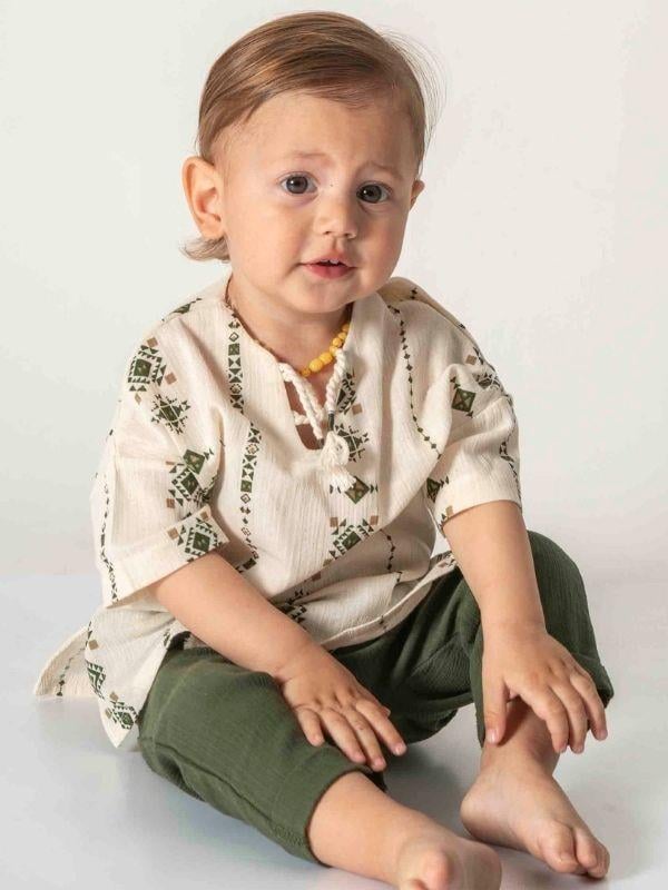 Bebek Etnik Desenli Organik Pamuklu Pantolonlu Takım