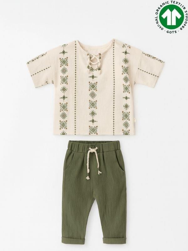 Bebek Etnik Desenli Organik Pamuklu Pantolonlu Takım