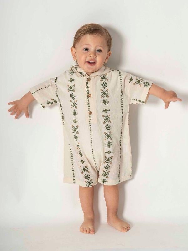 Bebek Etnik Desenli Organik Pamuklu Şapkalı Kısa Kollu Şort Tulum