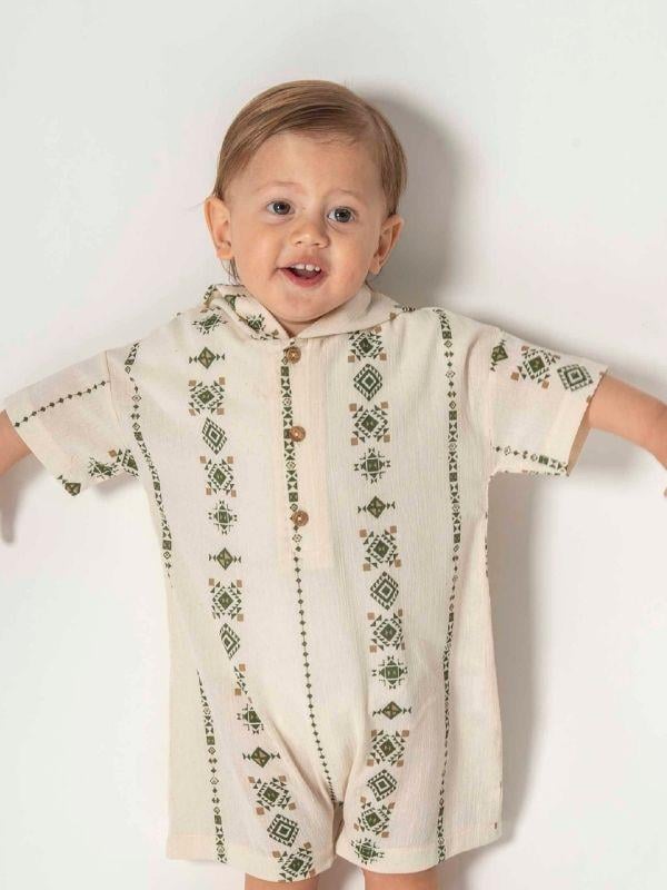 Bebek Etnik Desenli Organik Pamuklu Şapkalı Kısa Kollu Şort Tulum