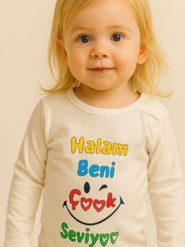 Bebek Halam Beni Çok Seviyor Yazılı Pamuklu Uzun Kol Çıtçıtlı Body