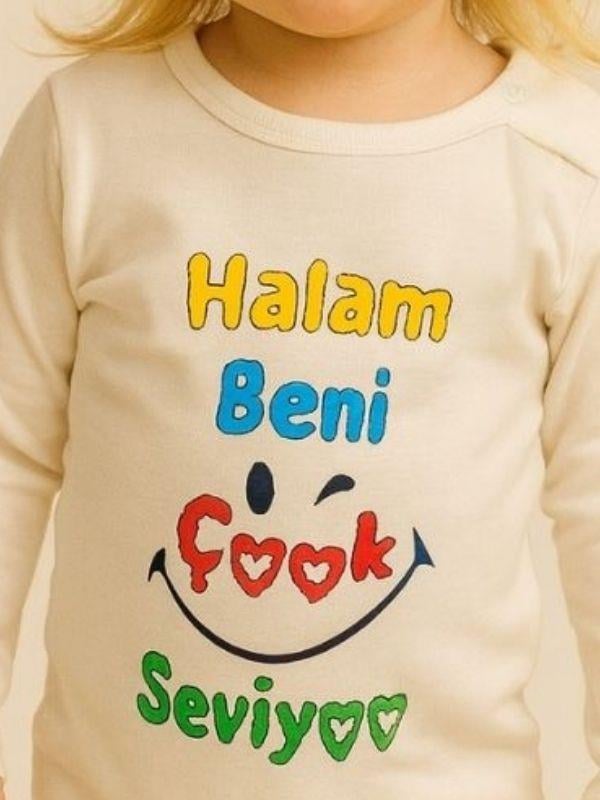 Bebek Halam Beni Çok Seviyor Yazılı Pamuklu Uzun Kol Çıtçıtlı Body