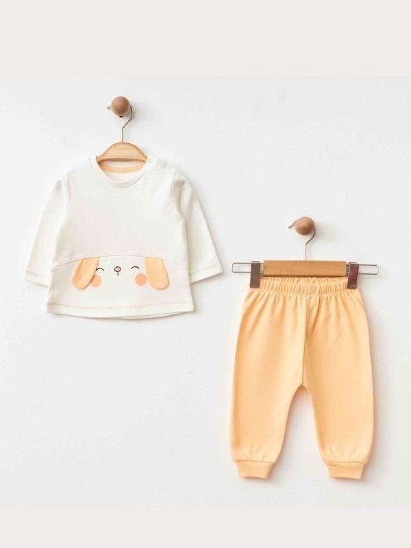 Bebek Kapüşonlu ve Tavşan Figürlü 3 lü Organik Eşofman Takımı