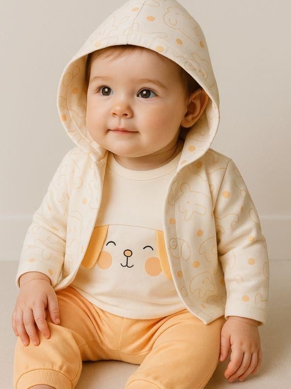 Bebek Kapüşonlu ve Tavşan Figürlü 3 lü Organik Eşofman Takımı