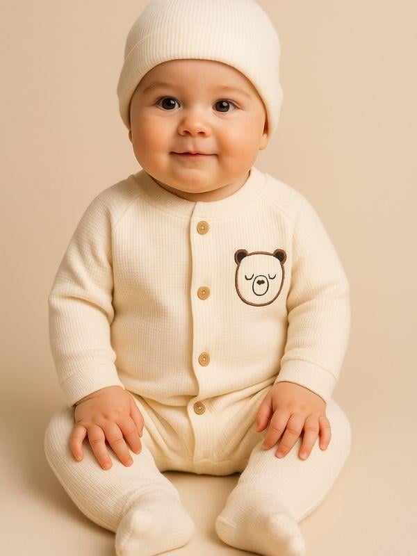 Bebek Organik Pamuklu Ayıcık Nakışlı Şapkalı Tulum