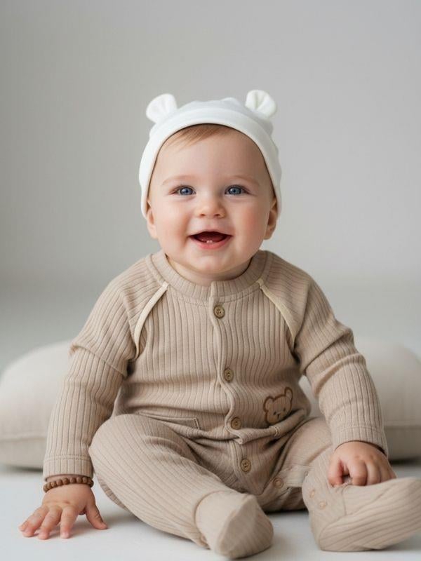 Bebek Organik Pamuklu Ayıcık Nakışlı Tulum