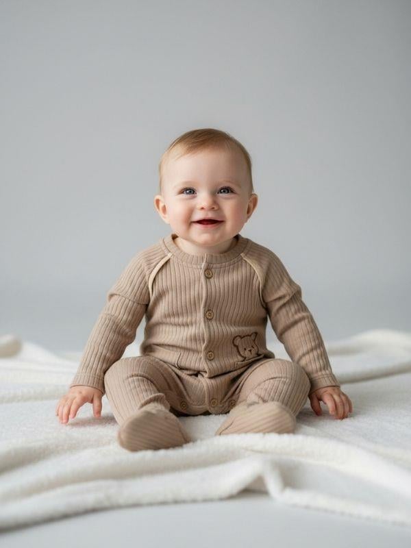 Bebek Organik Pamuklu Ayıcık Nakışlı Tulum