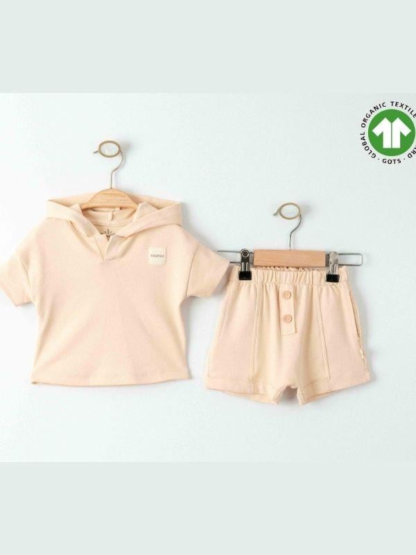 Bebek Organik Pamuklu Basic Kapüşonlu Tshirt Şortlu Takım