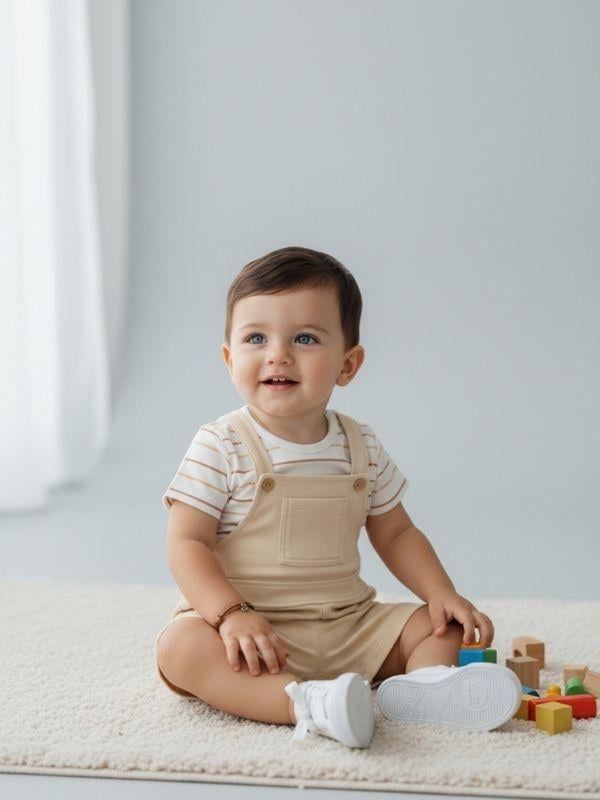 Bebek Organik Pamuklu Çizgili T-shirt ve Şort Tulum Set