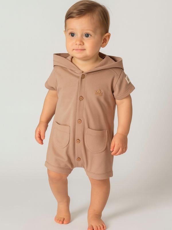 Bebek Organik Pamuklu Önden Düğmeli Kapüşonlu Kısa Kollu Şort Tulum