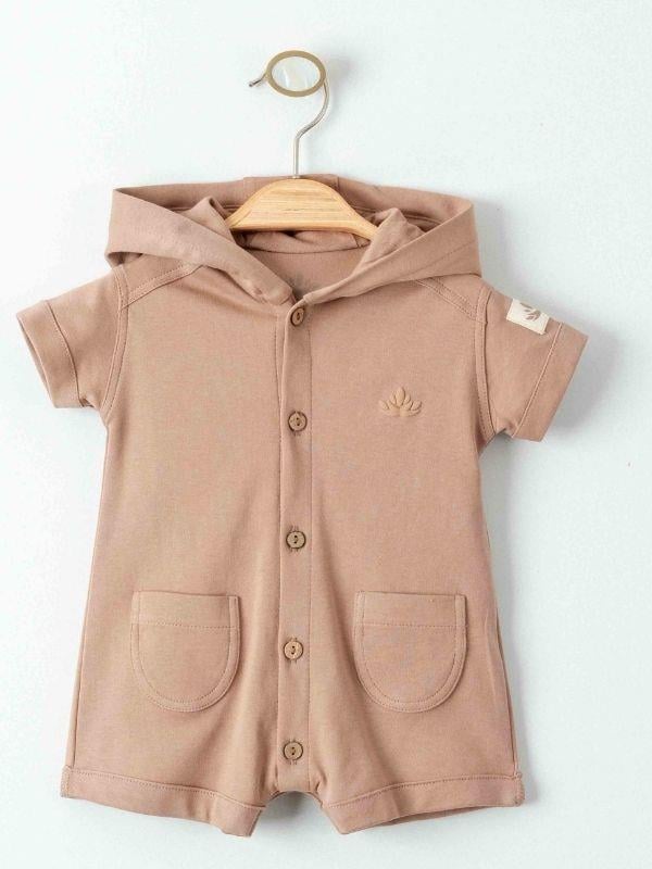Bebek Organik Pamuklu Önden Düğmeli Kapüşonlu Kısa Kollu Şort Tulum