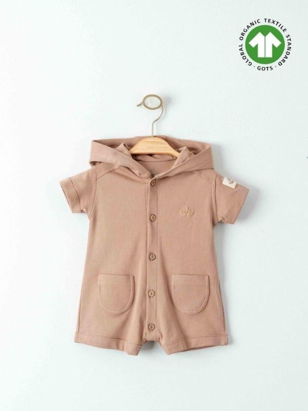 Bebek Organik Pamuklu Önden Düğmeli Kapüşonlu Kısa Kollu Şort Tulum