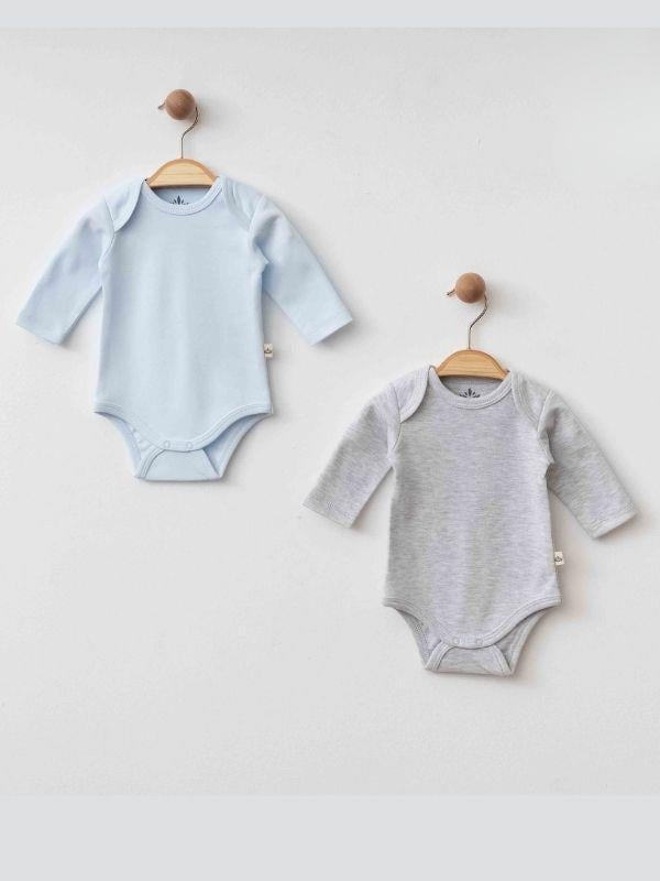 Bebek Organik Pamuklu Uzun Kollu Mavi Gri Body 2’li Set
