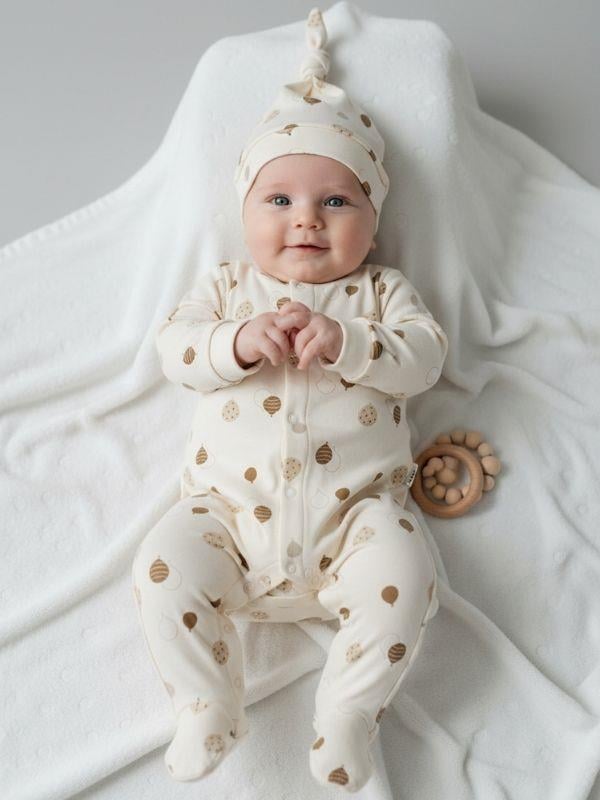 Bebek Pamuklu Balon Desenli Patikli Önden Çıtçıtlı Şapkalı Tulum