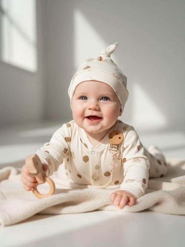 Bebek Pamuklu Balon Desenli Patikli Önden Çıtçıtlı Şapkalı Tulum