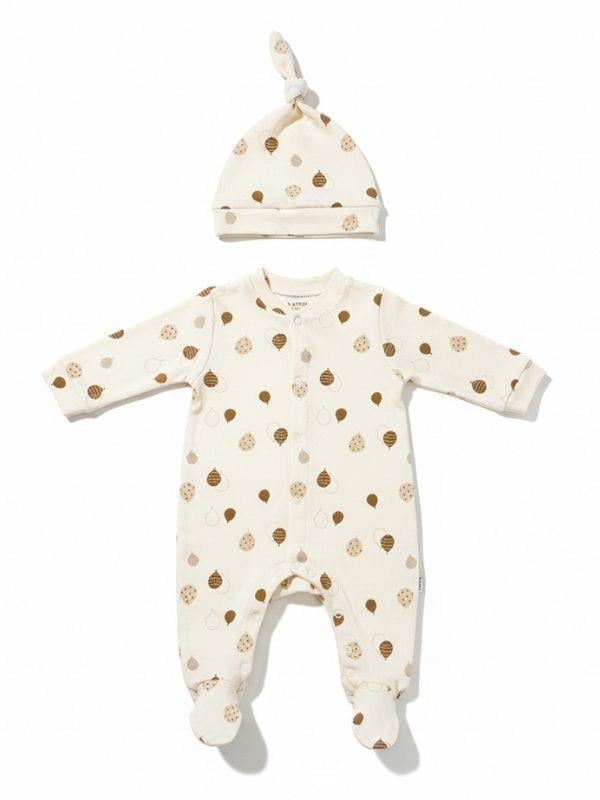 Bebek Pamuklu Balon Desenli Patikli Önden Çıtçıtlı Şapkalı Tulum