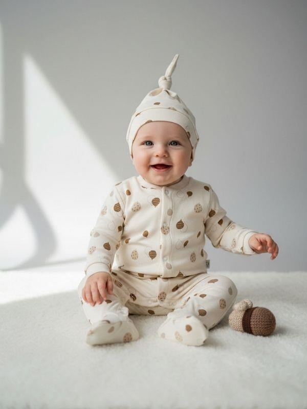 Bebek Pamuklu Balon Desenli Patikli Önden Çıtçıtlı Şapkalı Tulum