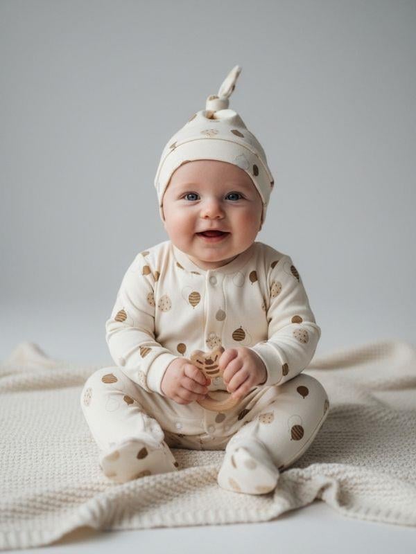 Bebek Pamuklu Balon Desenli Patikli Önden Çıtçıtlı Şapkalı Tulum