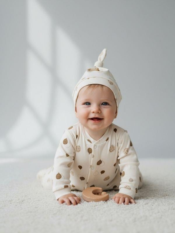 Bebek Pamuklu Balon Desenli Patiksiz Şapkalı Tulum