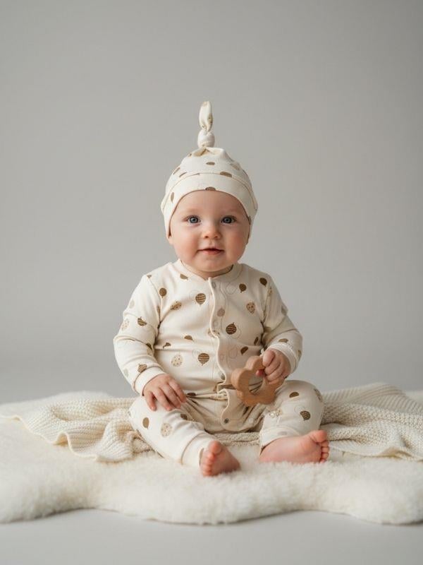 Bebek Pamuklu Balon Desenli Patiksiz Şapkalı Tulum