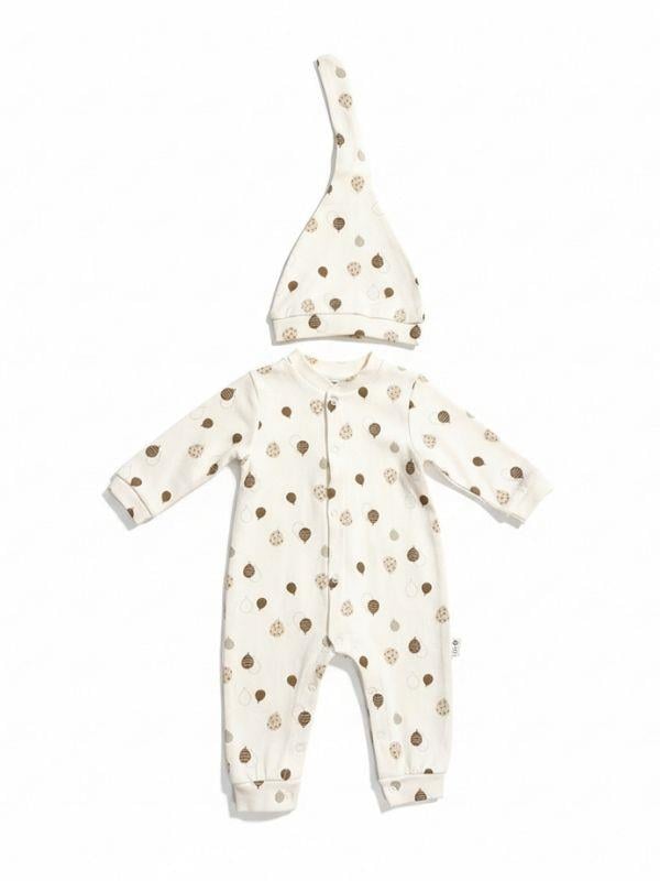 Bebek Pamuklu Balon Desenli Patiksiz Şapkalı Tulum