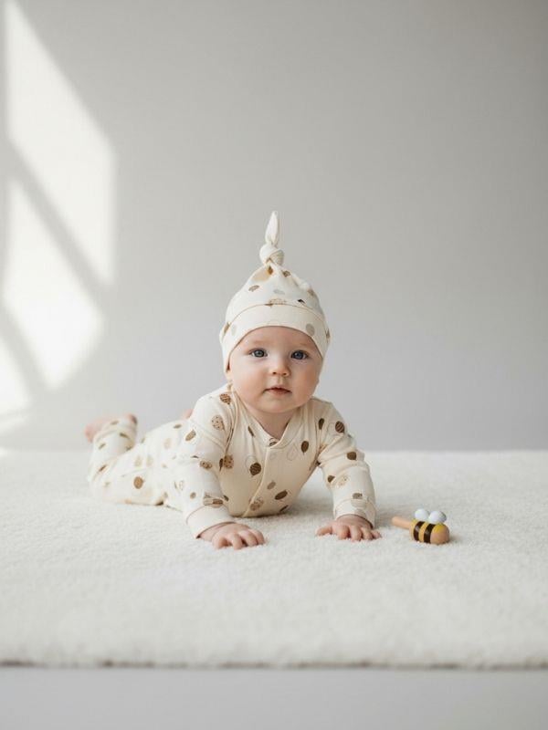 Bebek Pamuklu Balon Desenli Patiksiz Şapkalı Tulum