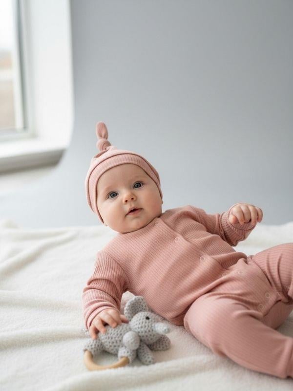 Bebek Pamuklu Fitilli Şapkalı Tulum