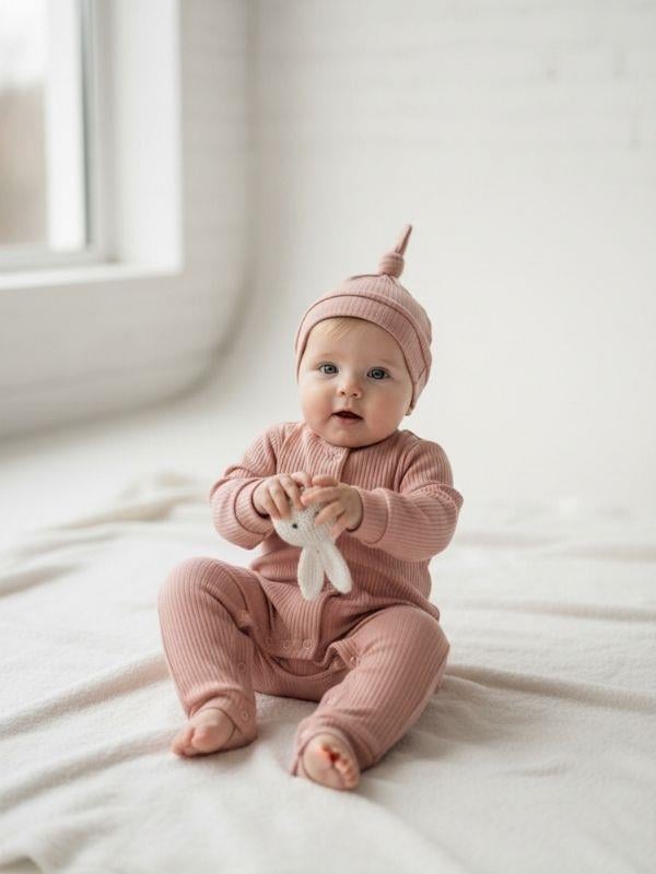 Bebek Pamuklu Fitilli Şapkalı Tulum