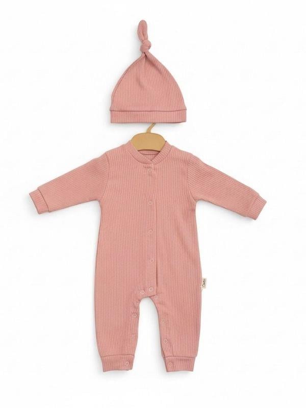 Bebek Pamuklu Fitilli Şapkalı Tulum