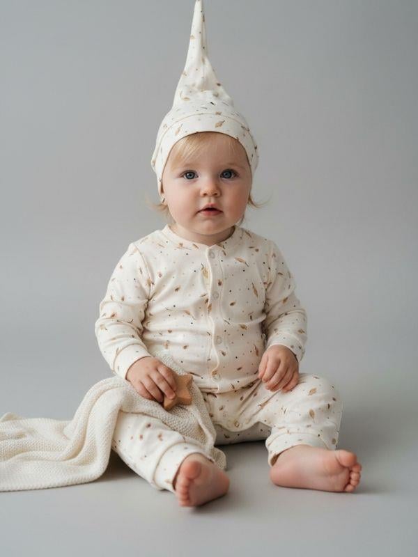 Bebek Pamuklu Kuş Tüyü Desenli Patiksiz Çıtçıtlı Şapkalı Tulum