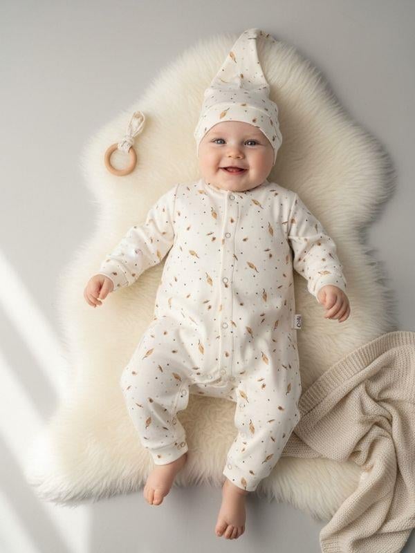 Bebek Pamuklu Kuş Tüyü Desenli Patiksiz Çıtçıtlı Şapkalı Tulum