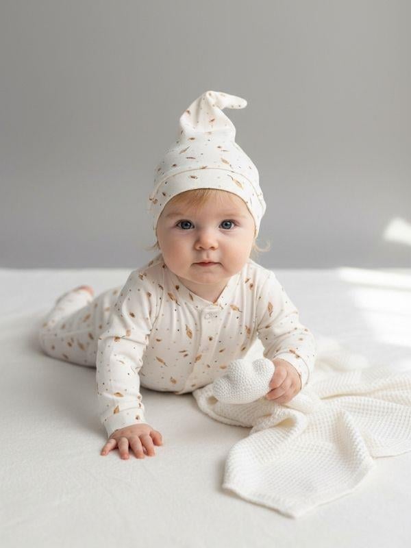 Bebek Pamuklu Kuş Tüyü Desenli Patiksiz Çıtçıtlı Şapkalı Tulum