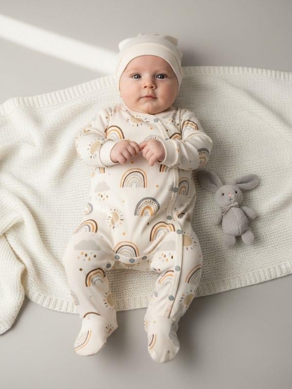 Bebek Pamuklu Patikli Gökkuşağı Baskılı Şapkalı Tulum