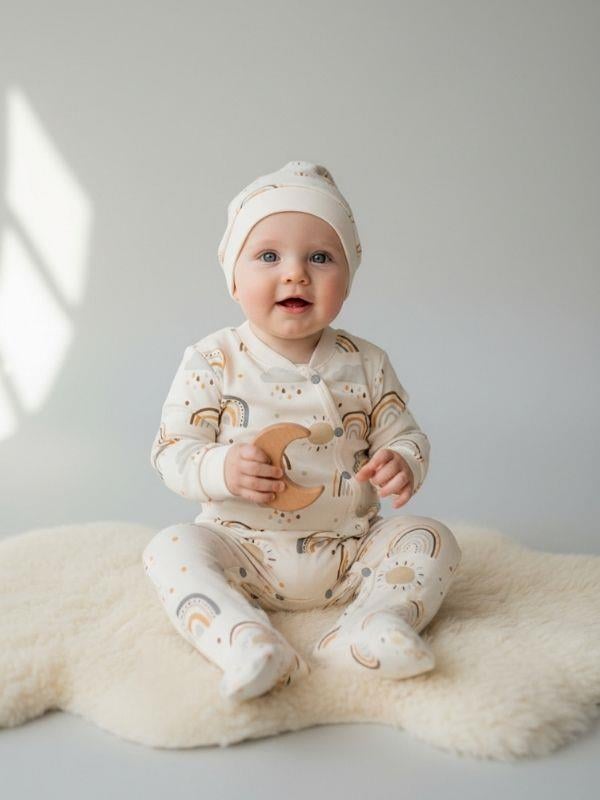 Bebek Pamuklu Patikli Gökkuşağı Baskılı Şapkalı Tulum