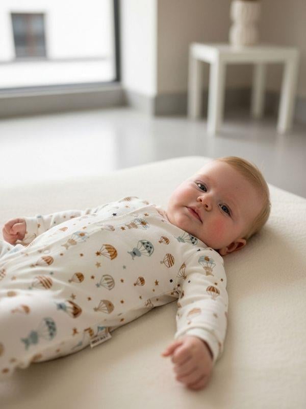 Bebek Pamuklu Uçan Balon Desenli Patiksiz Şapkalı Tulum