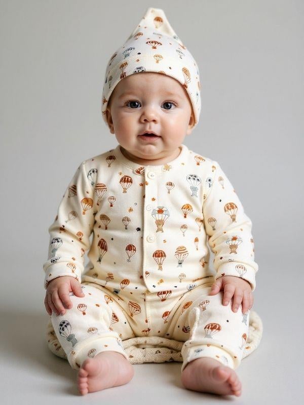 Bebek Pamuklu Uçan Balon Desenli Patiksiz Şapkalı Tulum