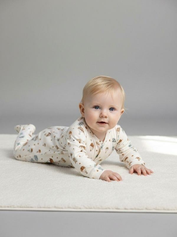 Bebek Pamuklu Uçan Balon Desenli Patiksiz Şapkalı Tulum