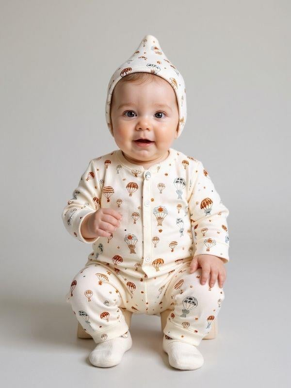 Bebek Pamuklu Uçan Balon Desenli Patiksiz Şapkalı Tulum