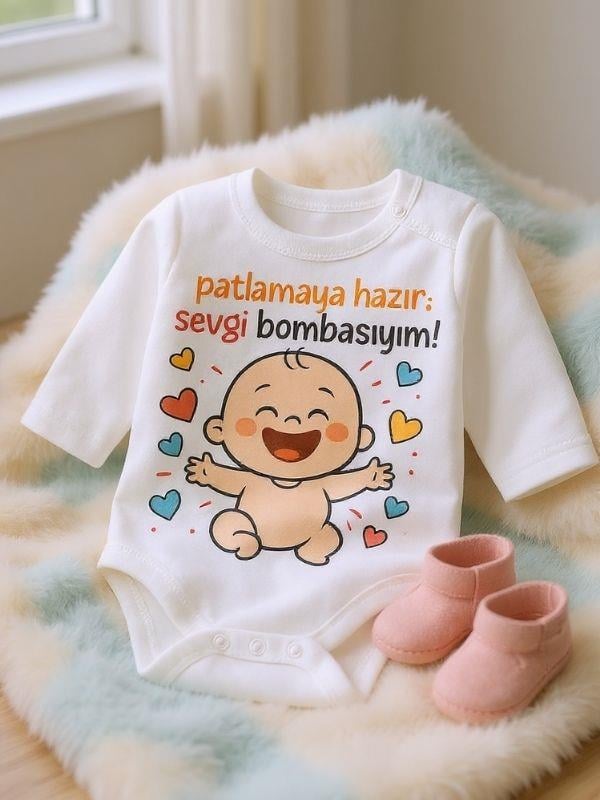 Bebek Patlamaya Hazır Sevgi Bombasıyım Yazılı Uzun Kol Body