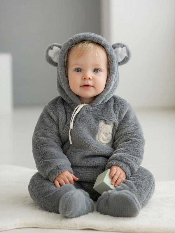 Bebek Peluş Kapüşonu Kulak Detaylı Tulum