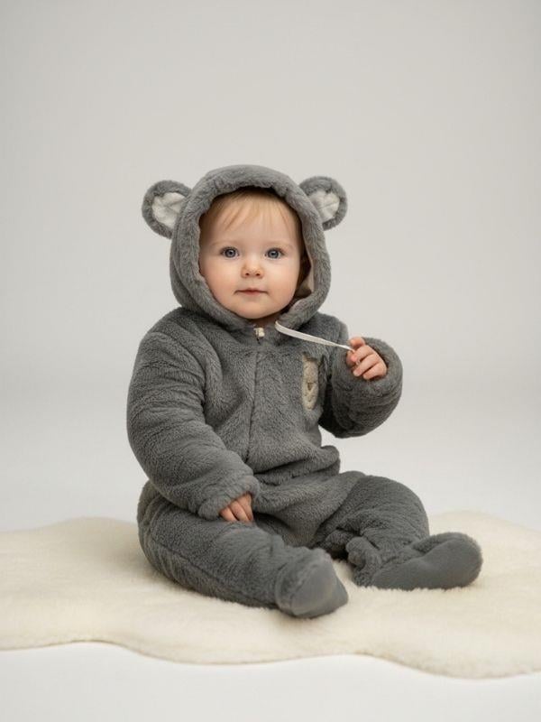 Bebek Peluş Kapüşonu Kulak Detaylı Tulum