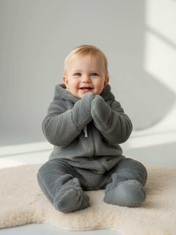 Bebek Peluş Kapüşonu Kulak Detaylı Tulum