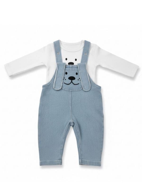 Bebek Uzun Kollu Body ve Ayıcık Baskılı Salopet Tulum Set