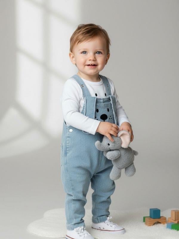 Bebek Uzun Kollu Body ve Ayıcık Baskılı Salopet Tulum Set