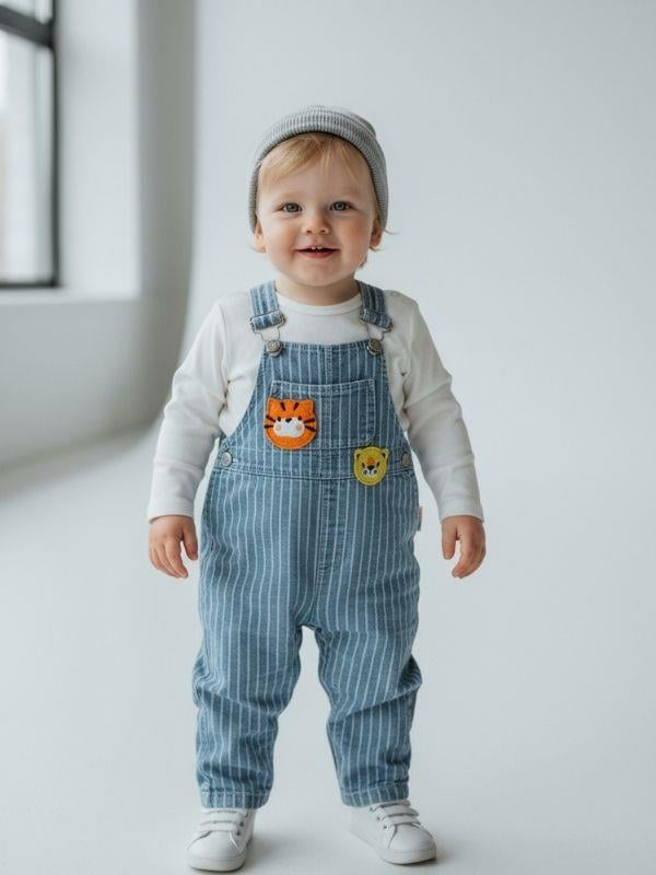 Bebek Uzun Kollu T-shirt ve Aslan İşlemeli Salopet Tulum Set