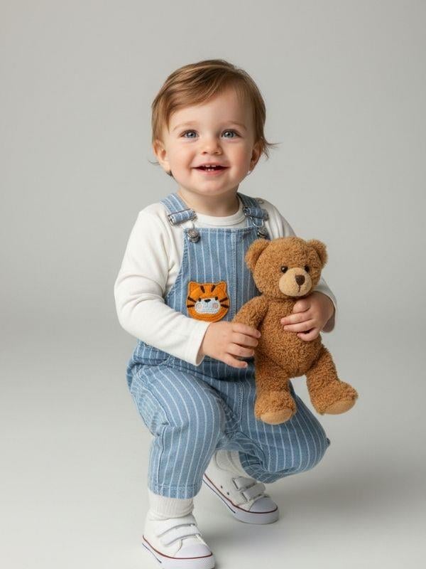 Bebek Uzun Kollu T-shirt ve Aslan İşlemeli Salopet Tulum Set